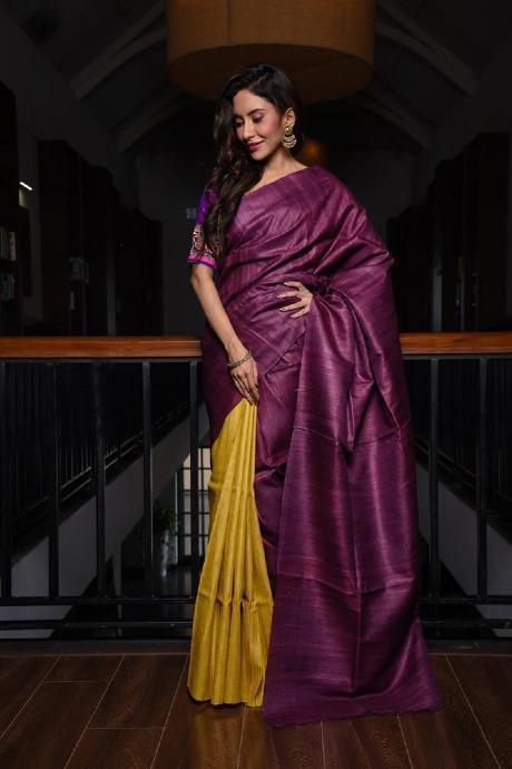 Pure Linen Silk Dark Rani Colour Party Wear Silk Jacquard Saree SY 140