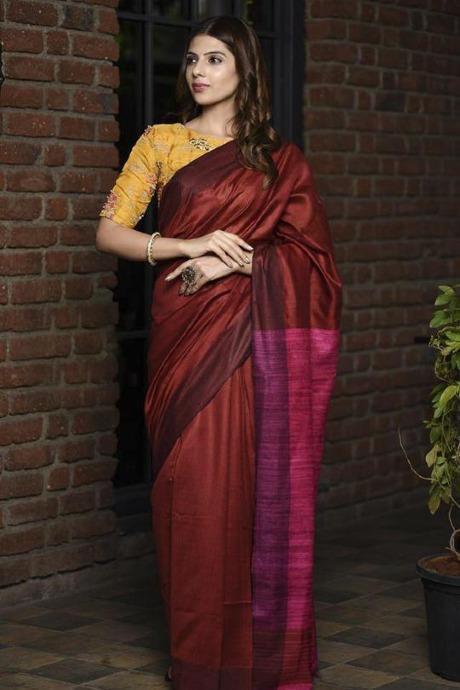 Pure Linen Silk Maroon Colour Occasion Wear Printed DORA VASTRA SY 149