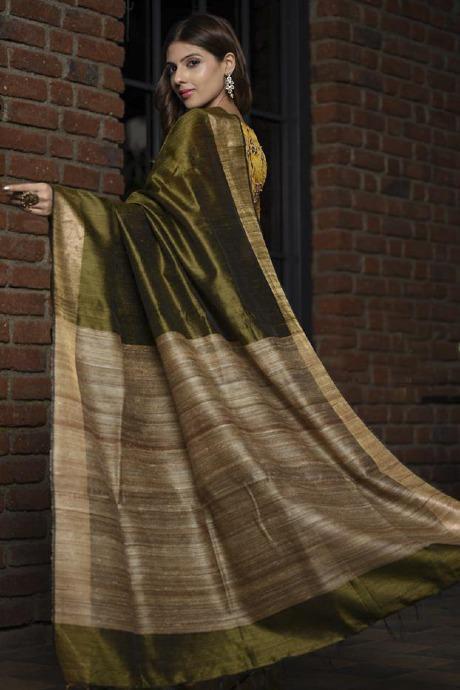 Pure Linen Silk Mahdi Green Colour Party Wear Jacquard  Saree SY 158