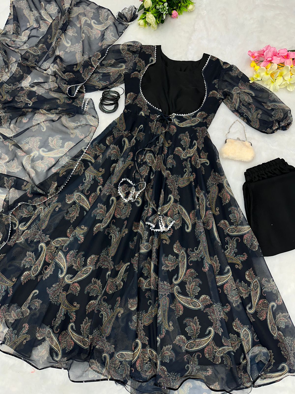 Stylish Soft Heavy Silk Anarkali Flared Black Gown