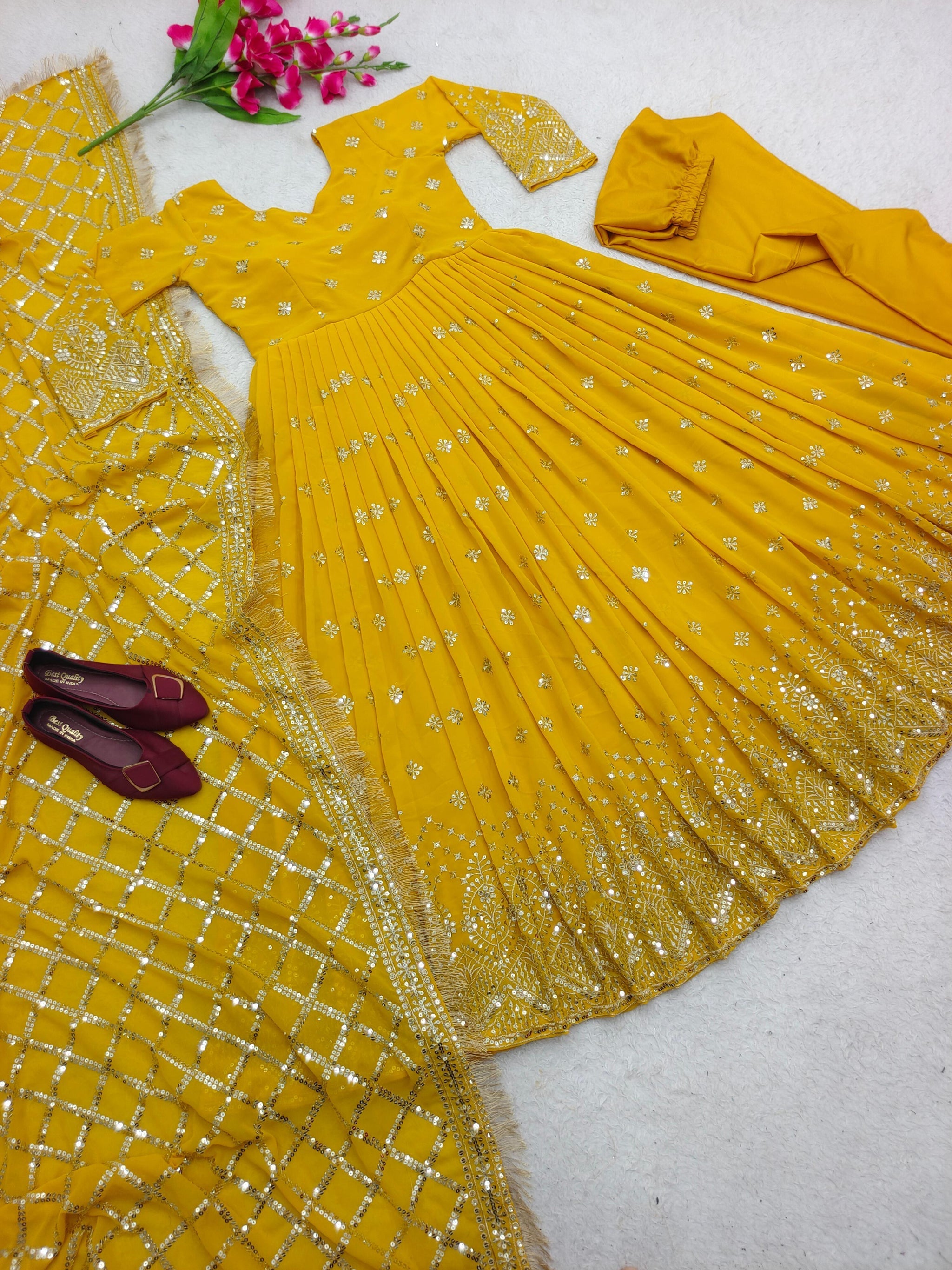Yellow Color Embroidery and Hand Work Latest Gown