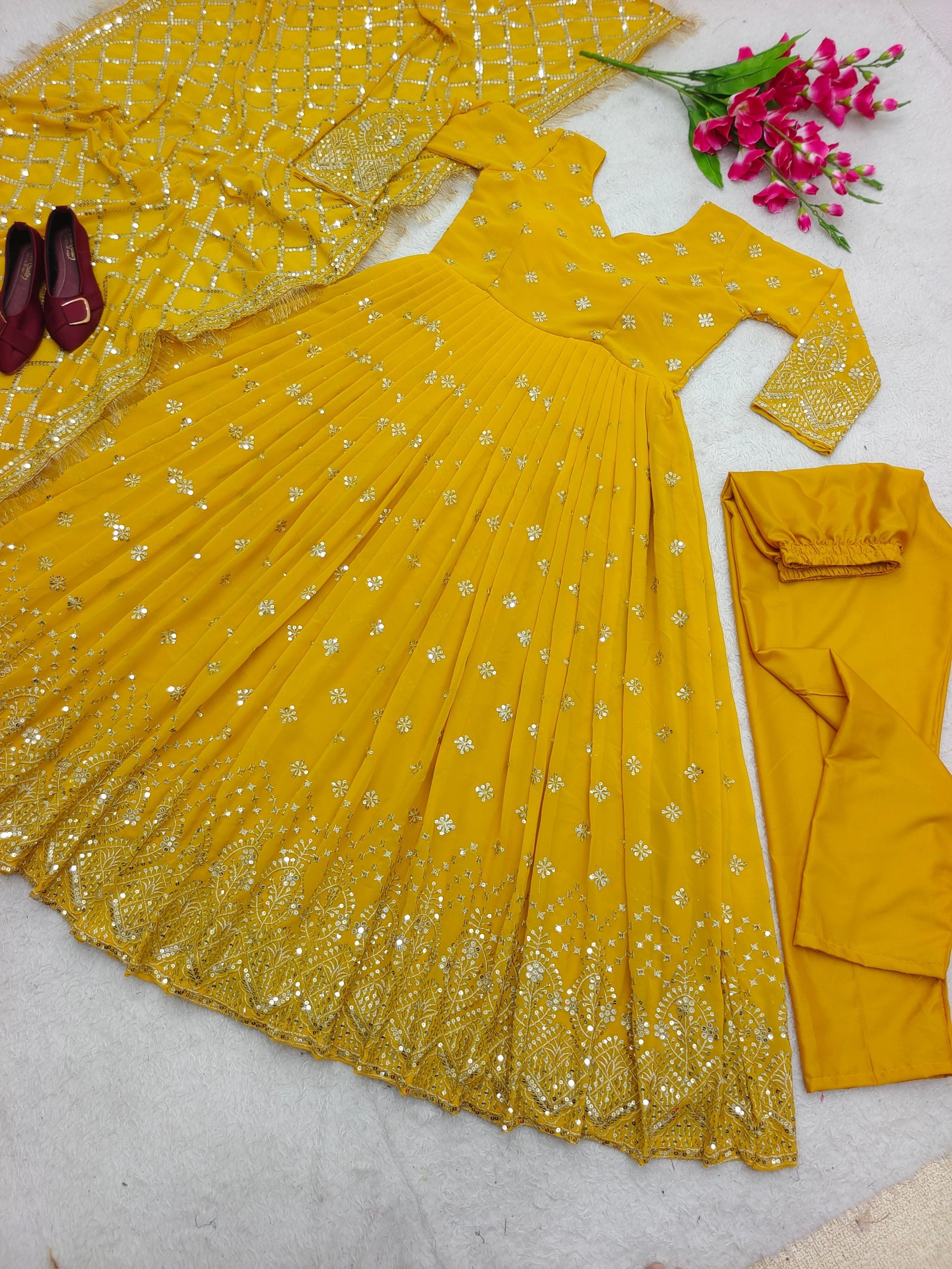 Yellow Color Embroidery and Hand Work Latest Gown
