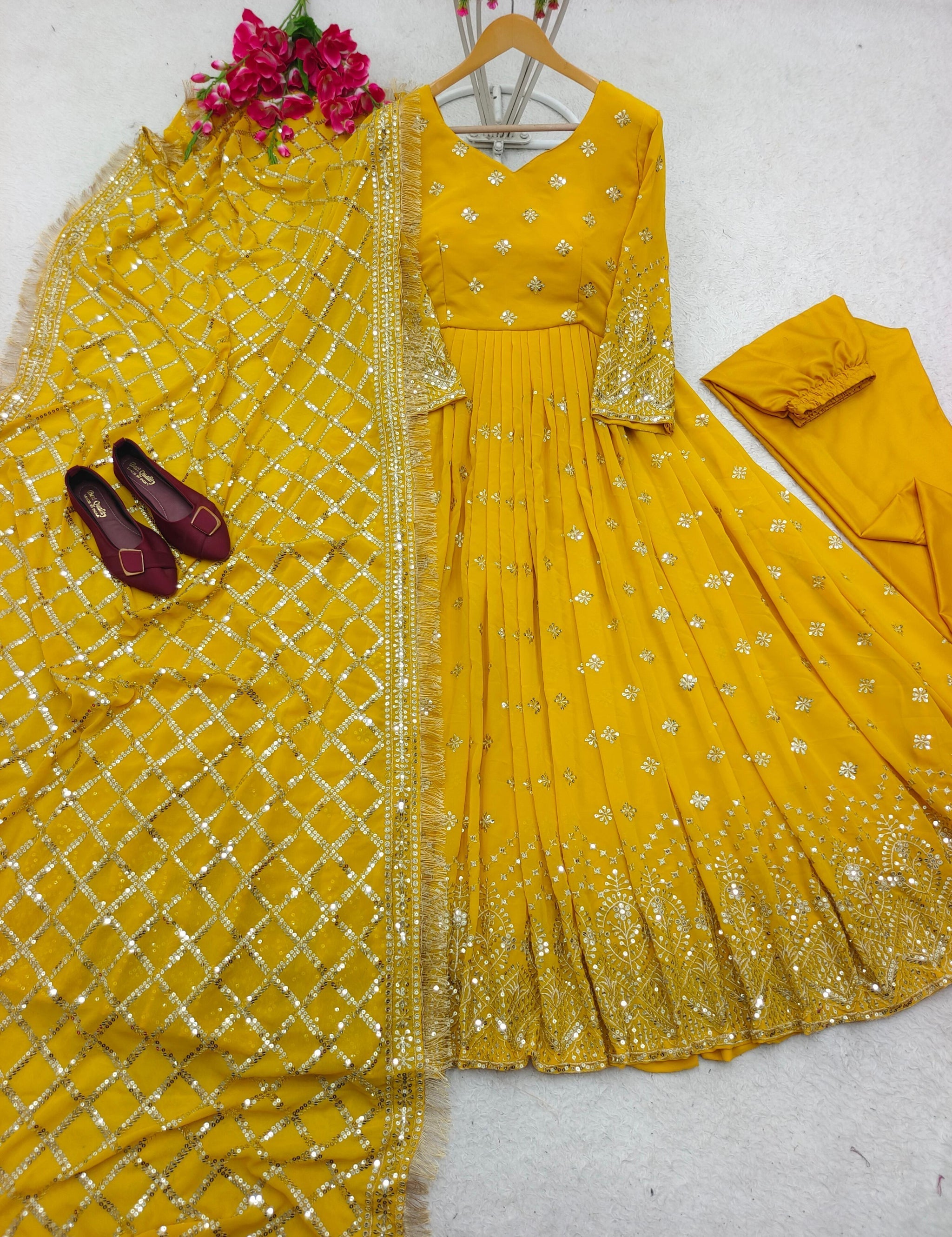 Yellow Color Embroidery and Hand Work Latest Gown