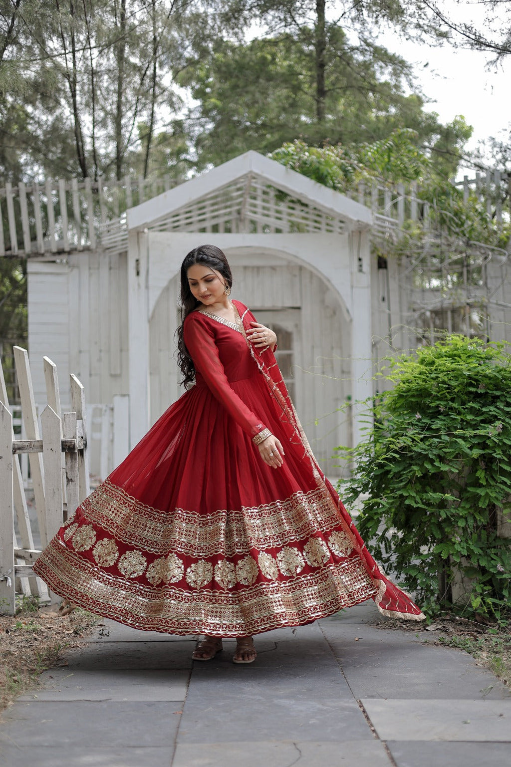 Alluring Red Color Party Wear Gown In Lower Rate