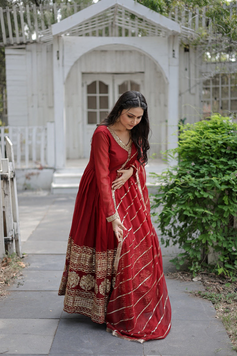 Alluring Red Color Party Wear Gown In Lower Rate