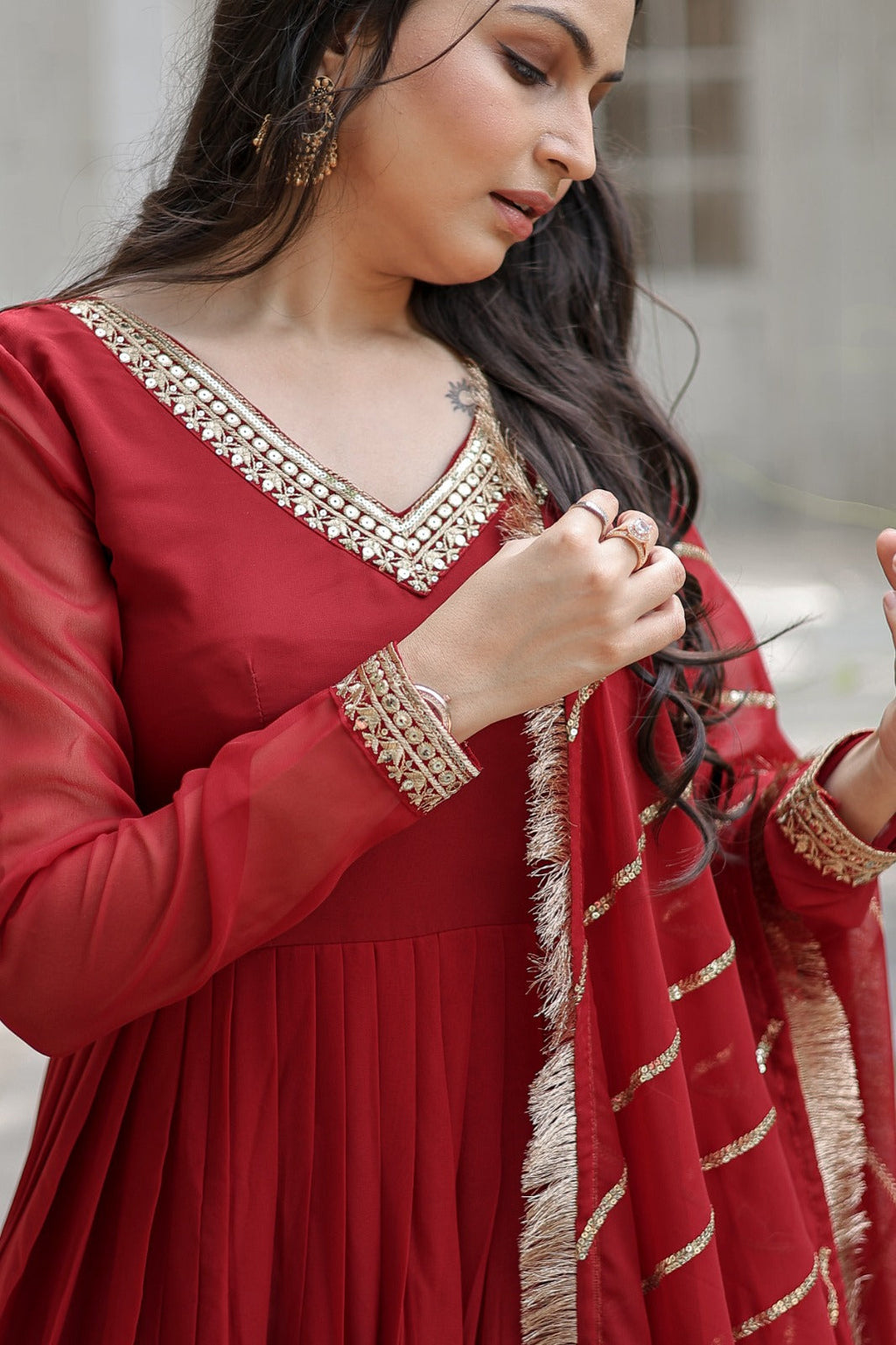 Alluring Red Color Party Wear Gown In Lower Rate