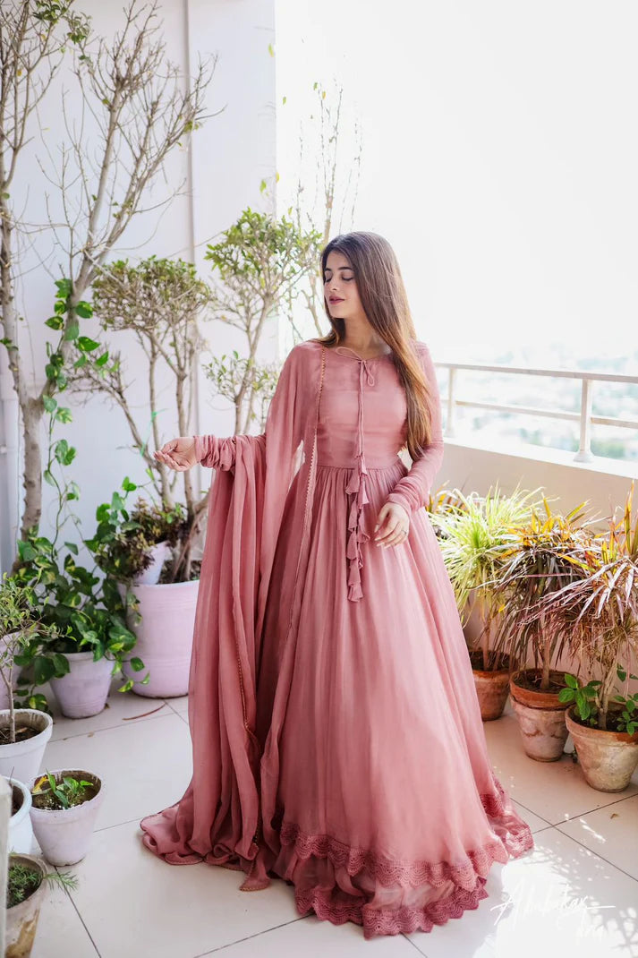 Blazing Pech Color Attractive Heavy Chikankari Gown