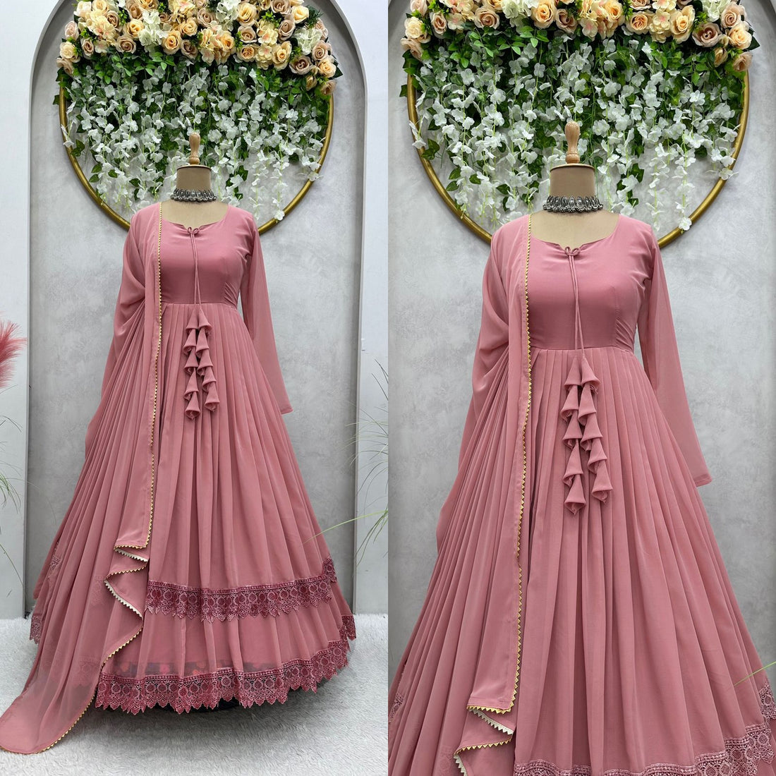 Blazing Pech Color Attractive Heavy Chikankari Gown