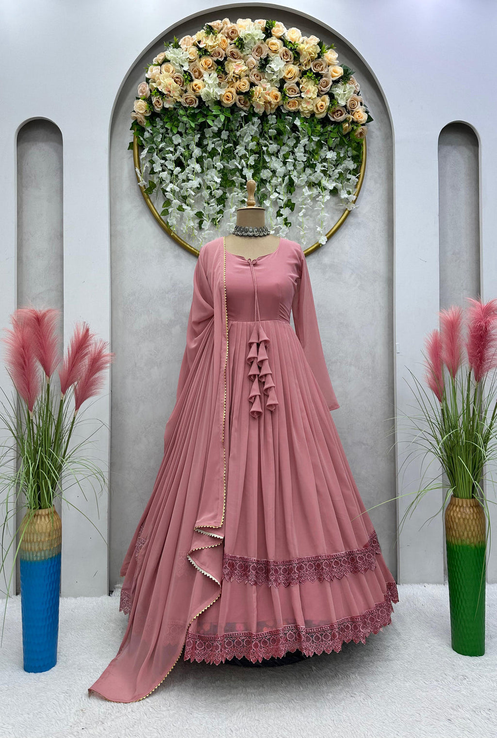 Blazing Pech Color Attractive Heavy Chikankari Gown
