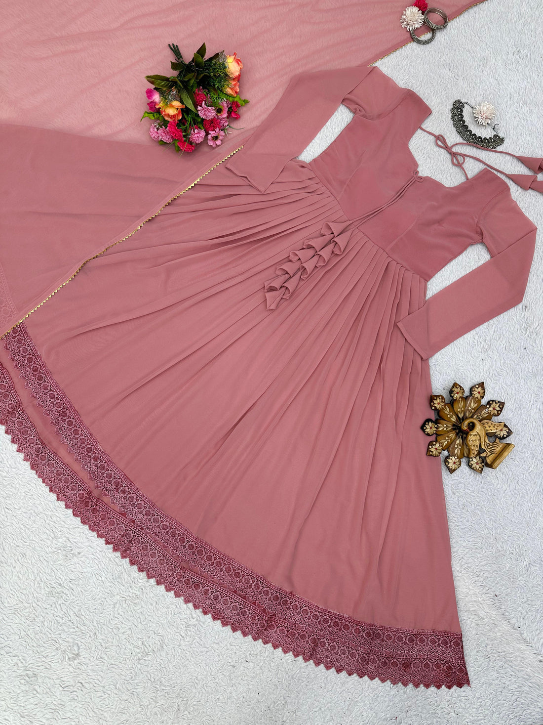 Blazing Pech Color Attractive Heavy Chikankari Gown
