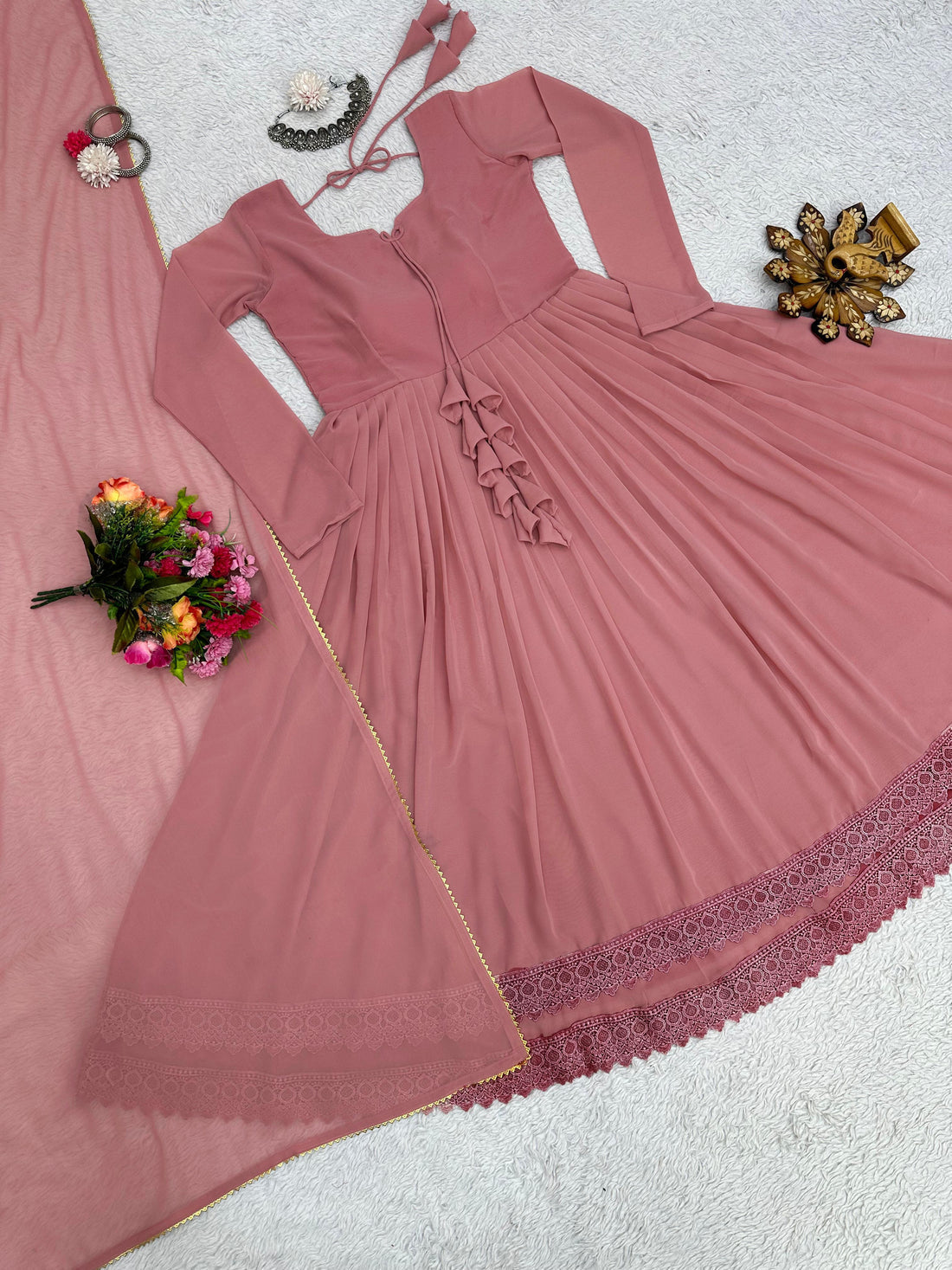 Blazing Pech Color Attractive Heavy Chikankari Gown