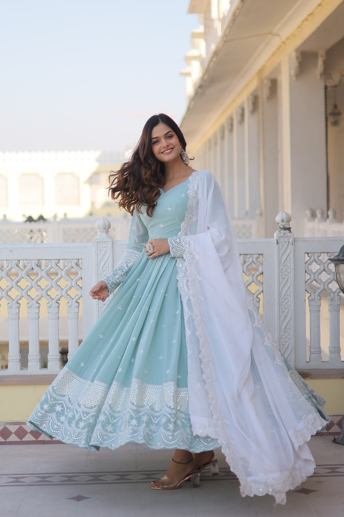 Attractive Light Sky Blue Color Heavy Work Gown