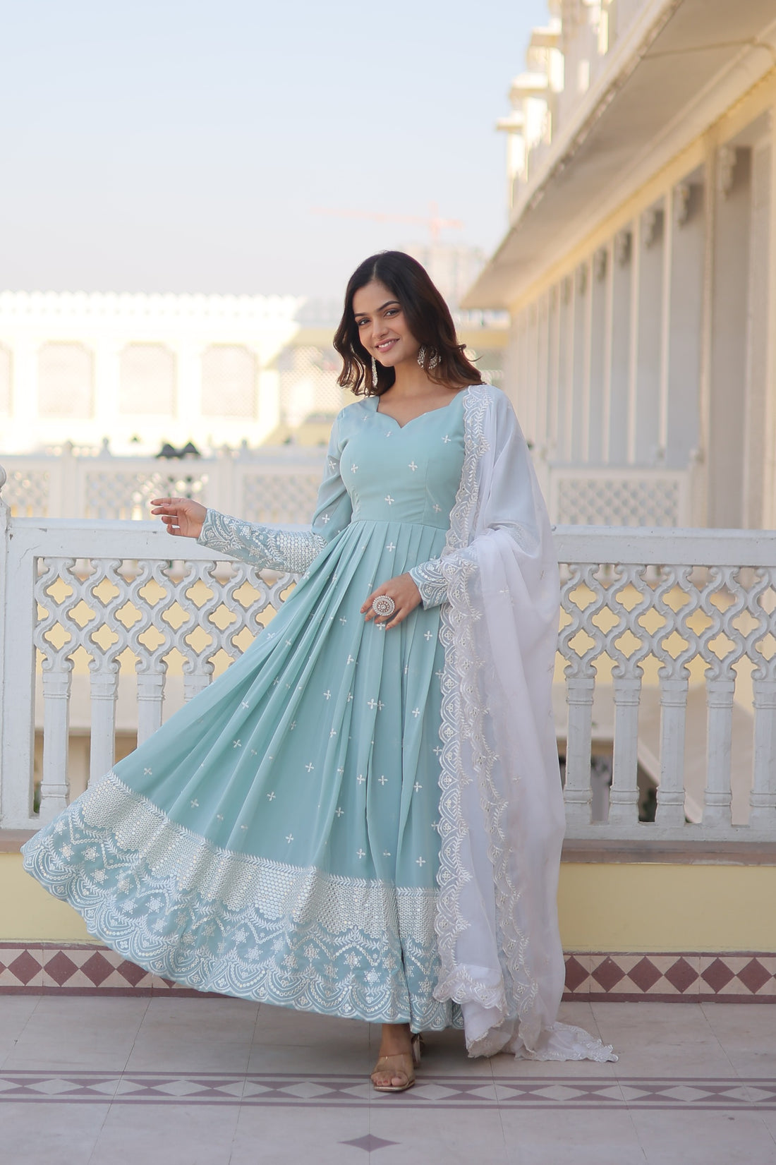 Attractive Light Sky Blue Color Heavy Work Gown