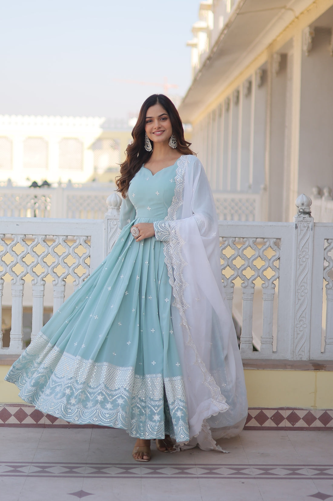 Attractive Light Sky Blue Color Heavy Work Gown