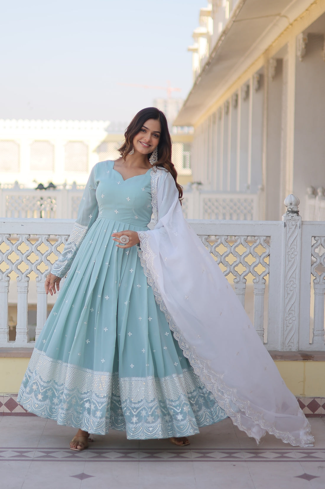 Attractive Light Sky Blue Color Heavy Work Gown