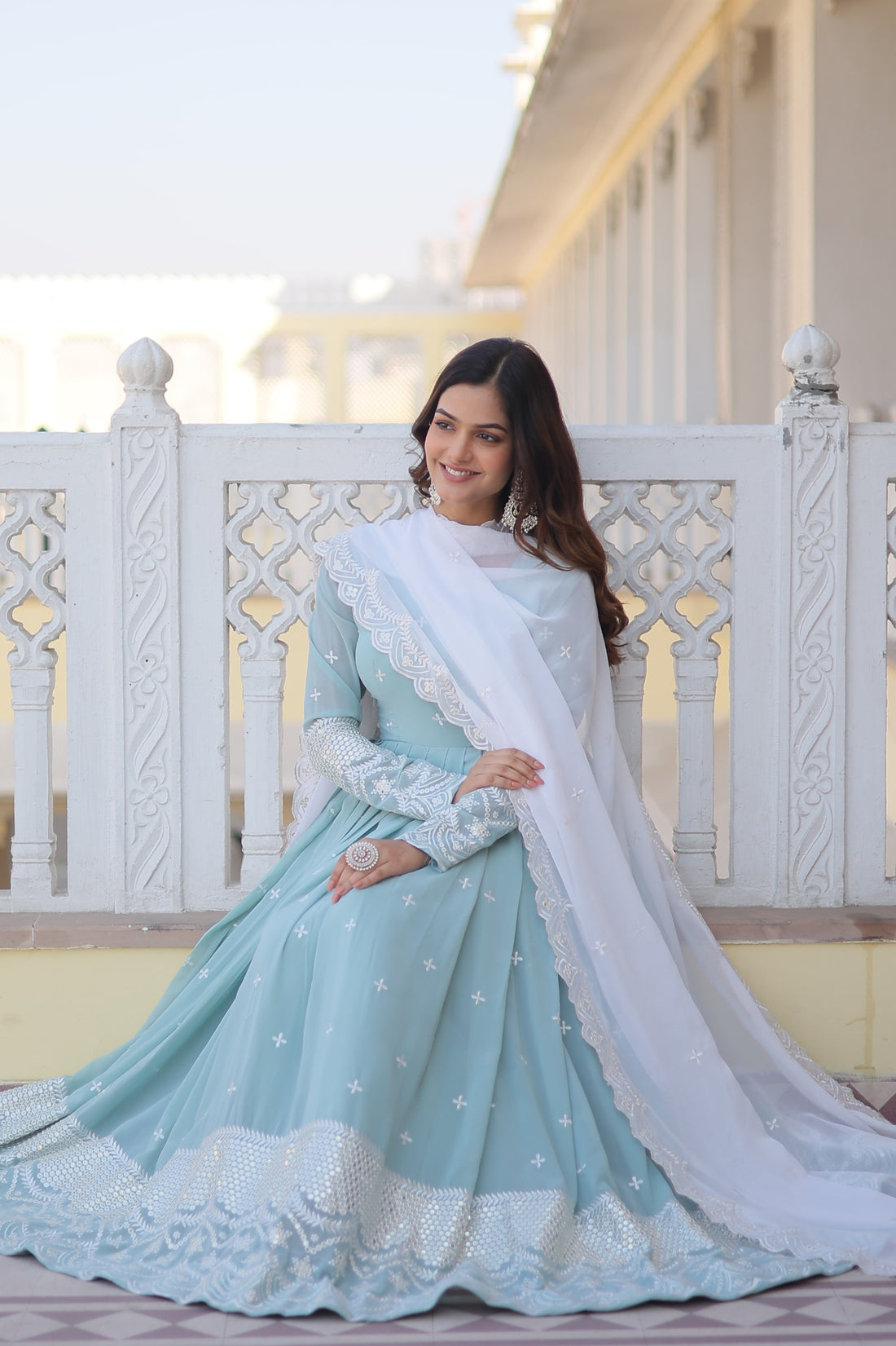 Attractive Light Sky Blue Color Heavy Work Gown