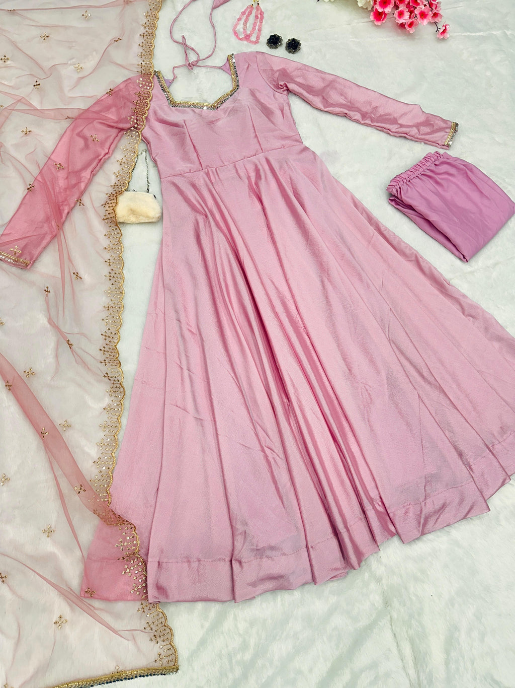Alluring Sky Peach Color Heavy Work Gown Designs