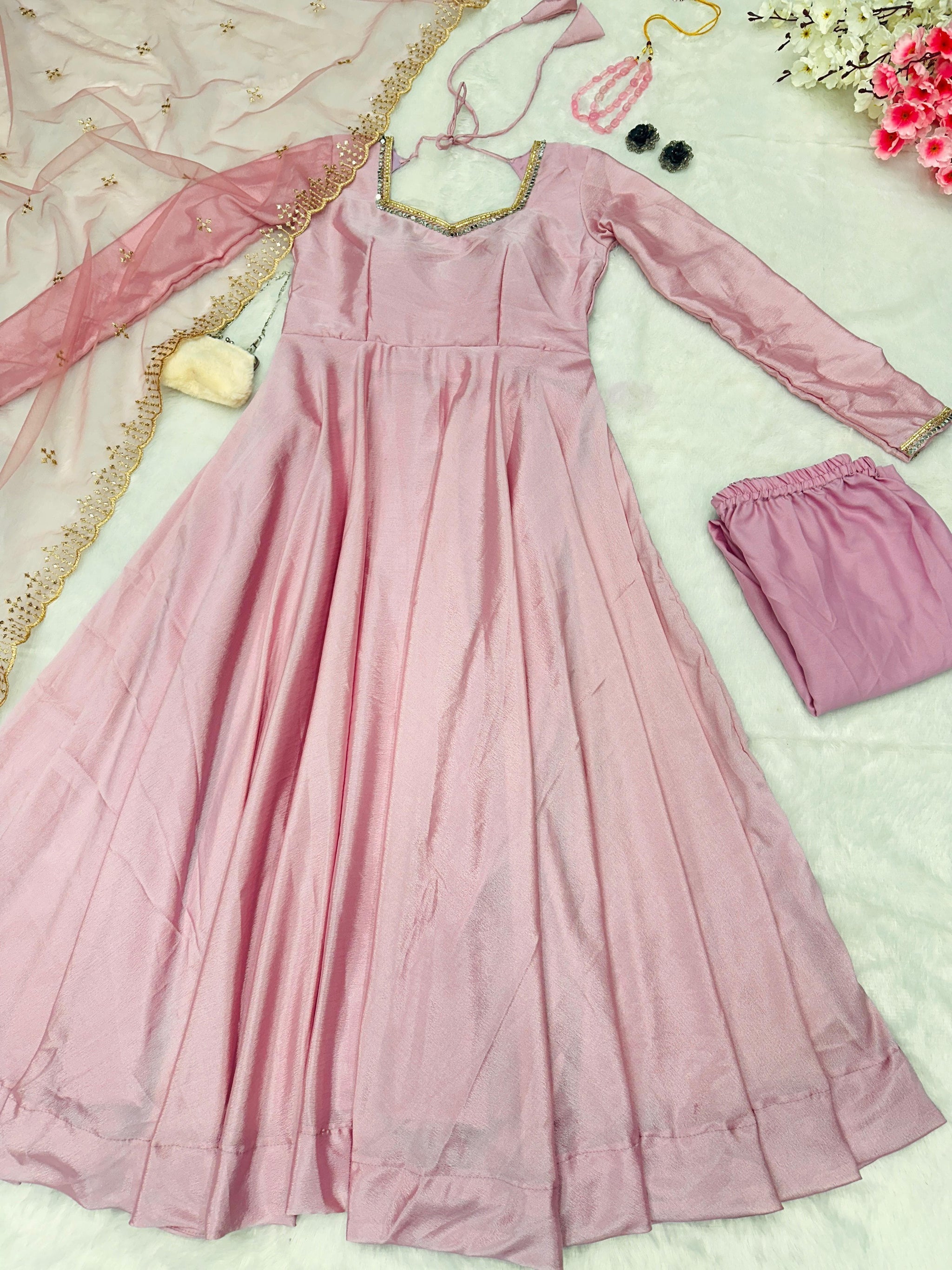 Alluring Sky Peach Color Heavy Work Gown Designs