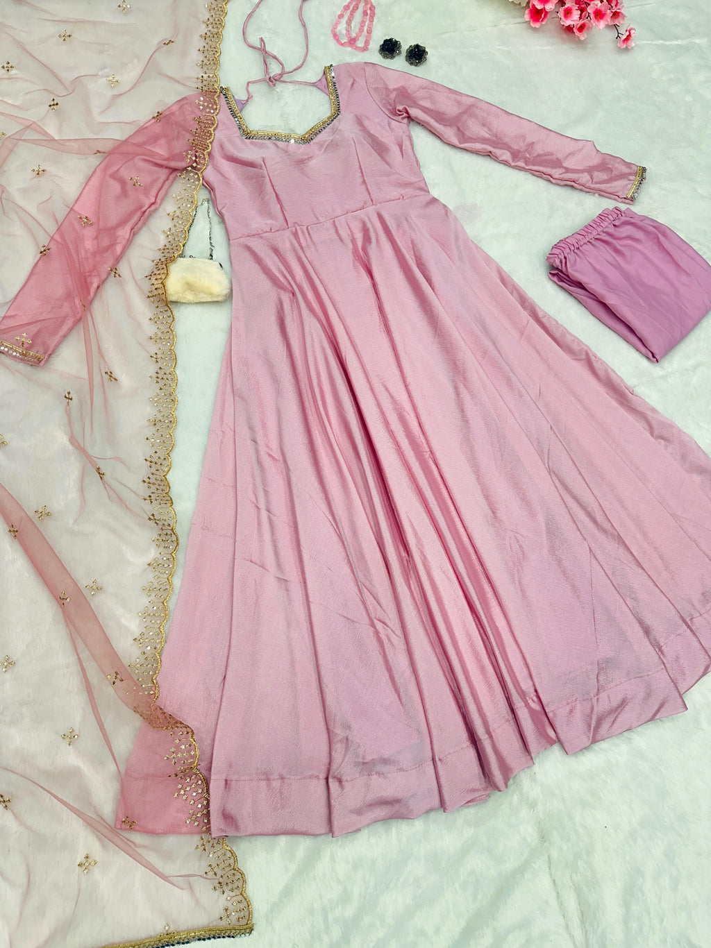 Alluring Sky Peach Color Heavy Work Gown Designs