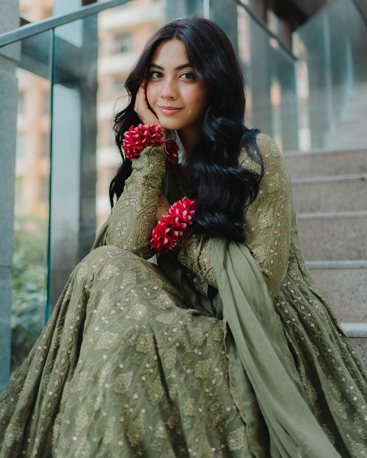 green color Embroderiy Party Wear Gown For Girls