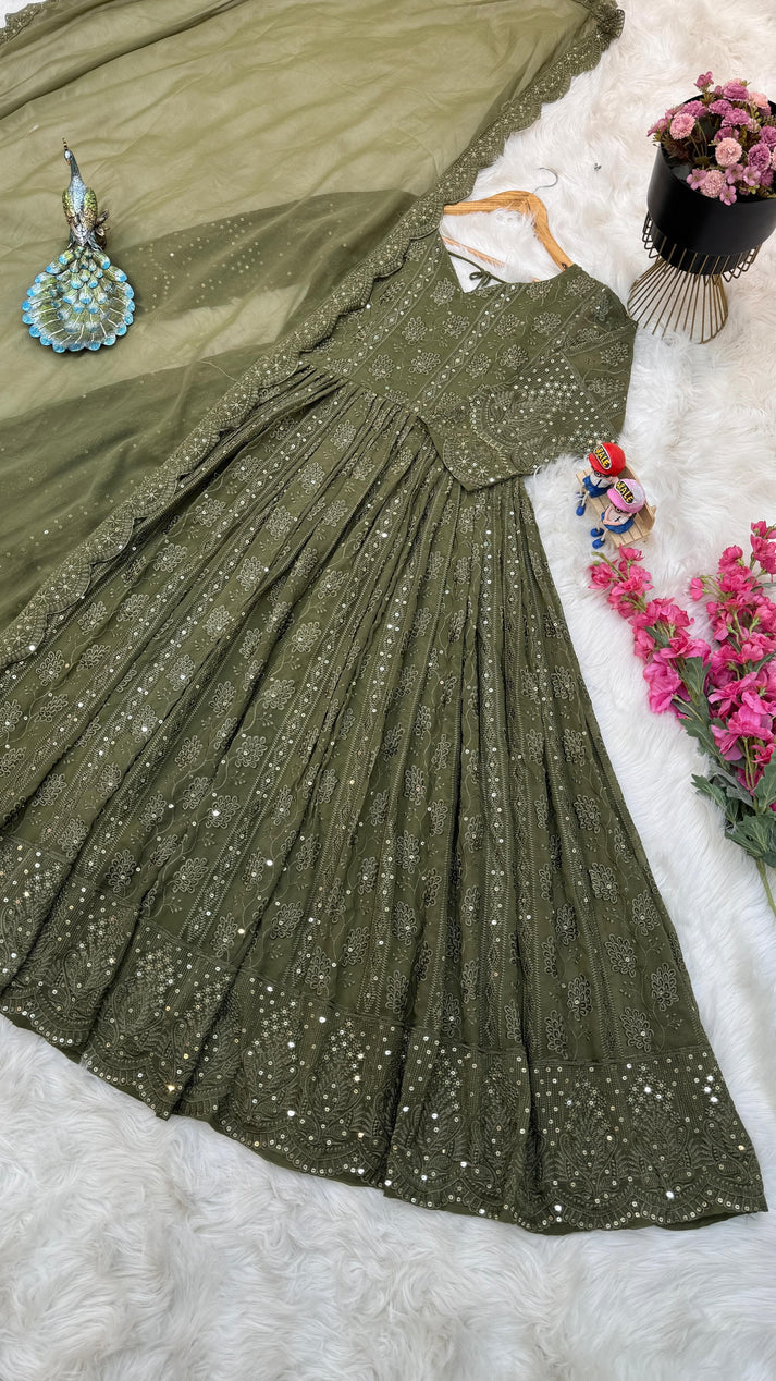 green color Embroderiy Party Wear Gown For Girls