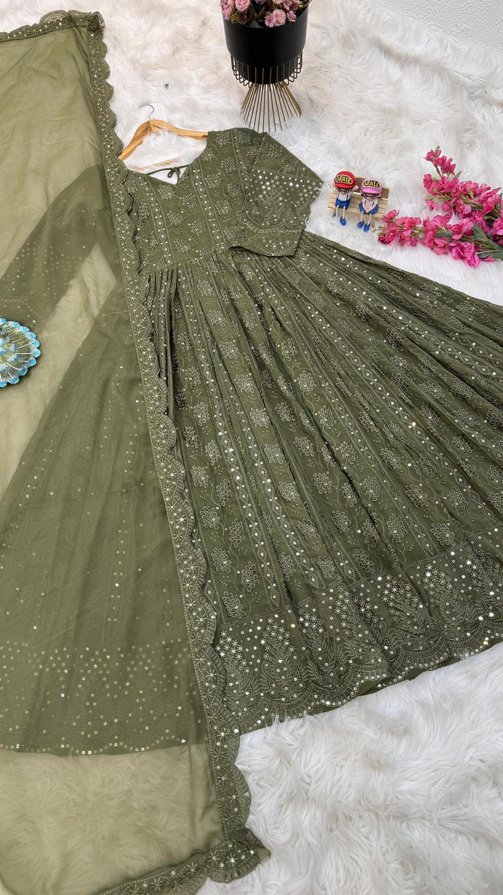 green color Embroderiy Party Wear Gown For Girls