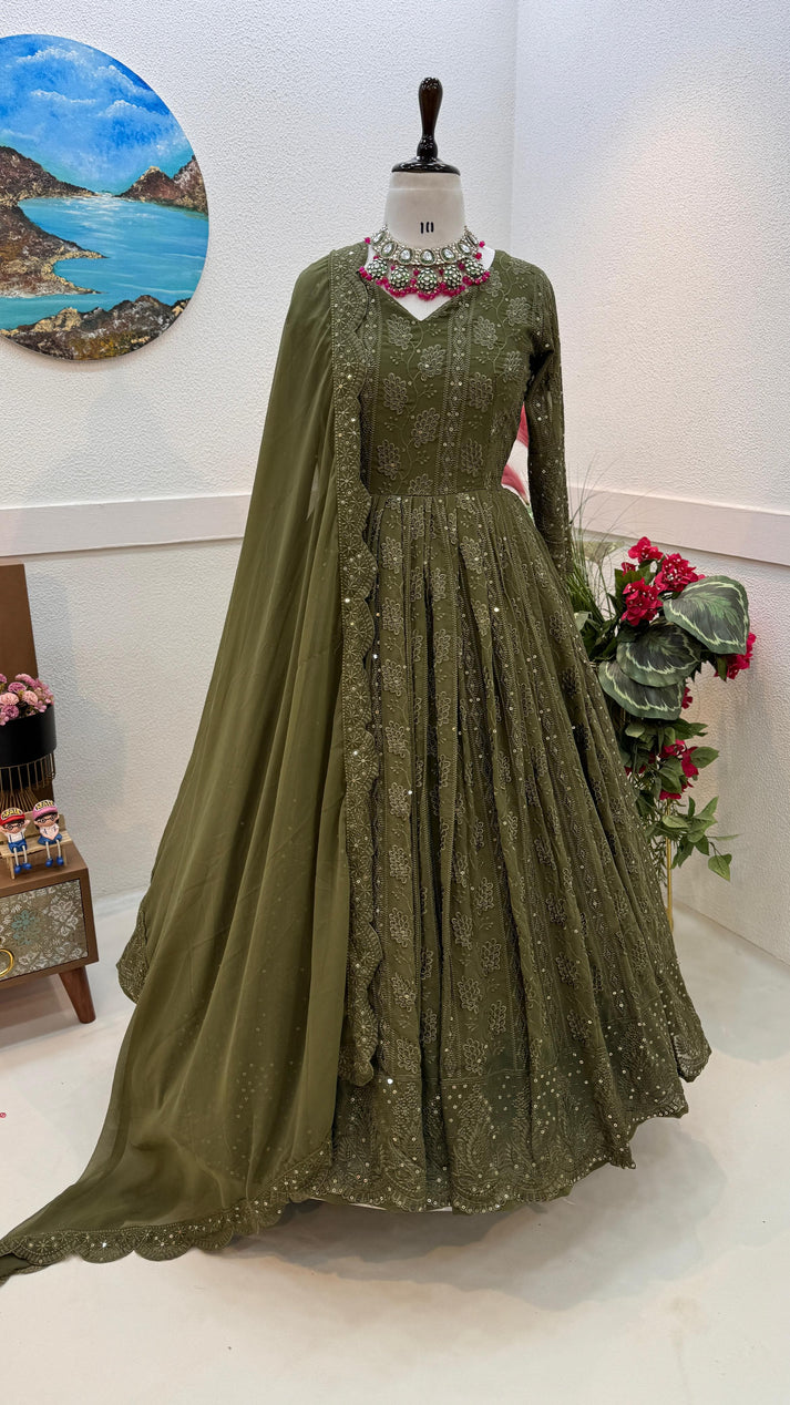 green color Embroderiy Party Wear Gown For Girls