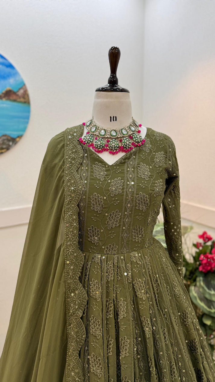 green color Embroderiy Party Wear Gown For Girls