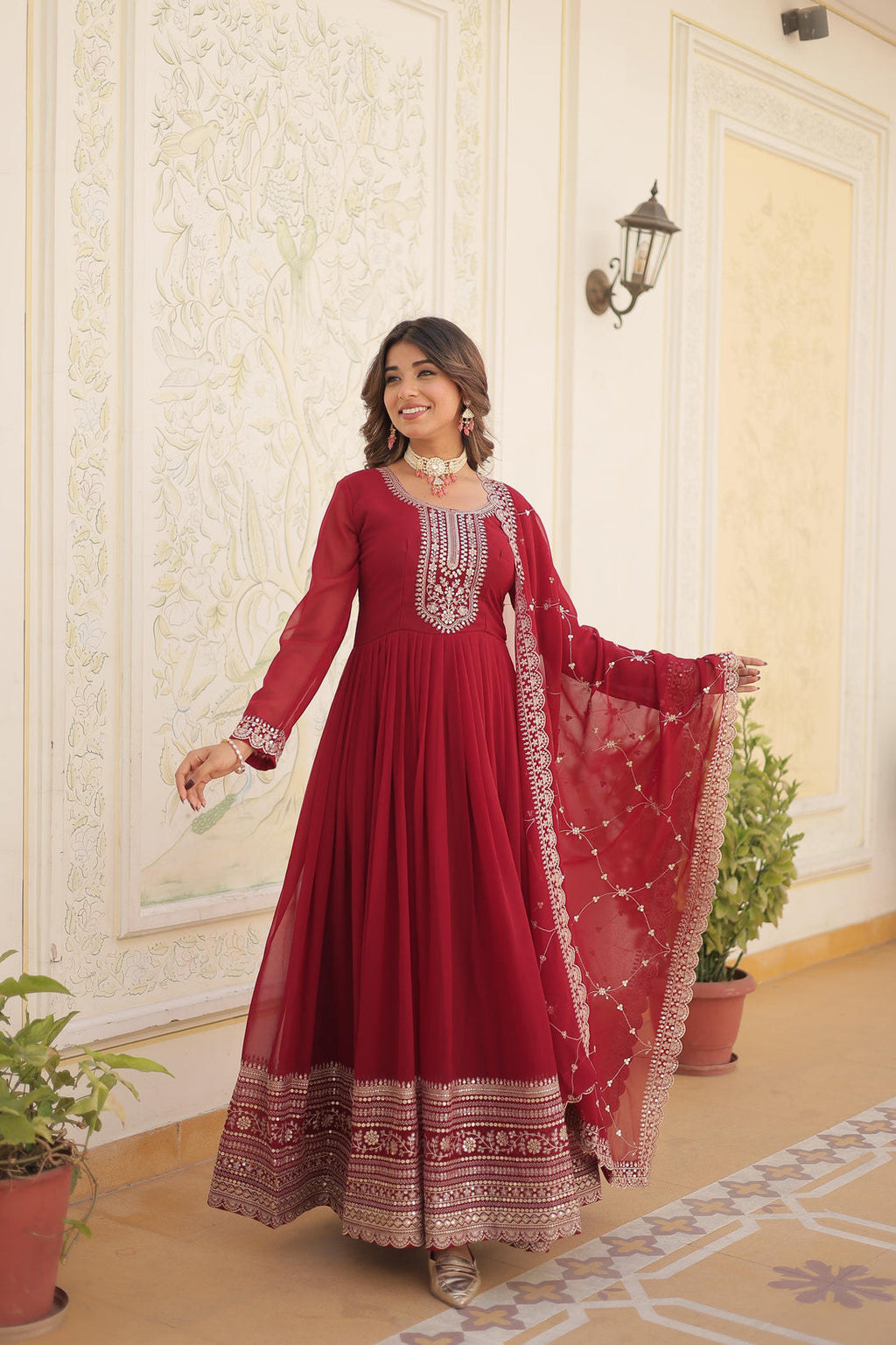 Audacious Red Color Party Wear Gown In Low Rate