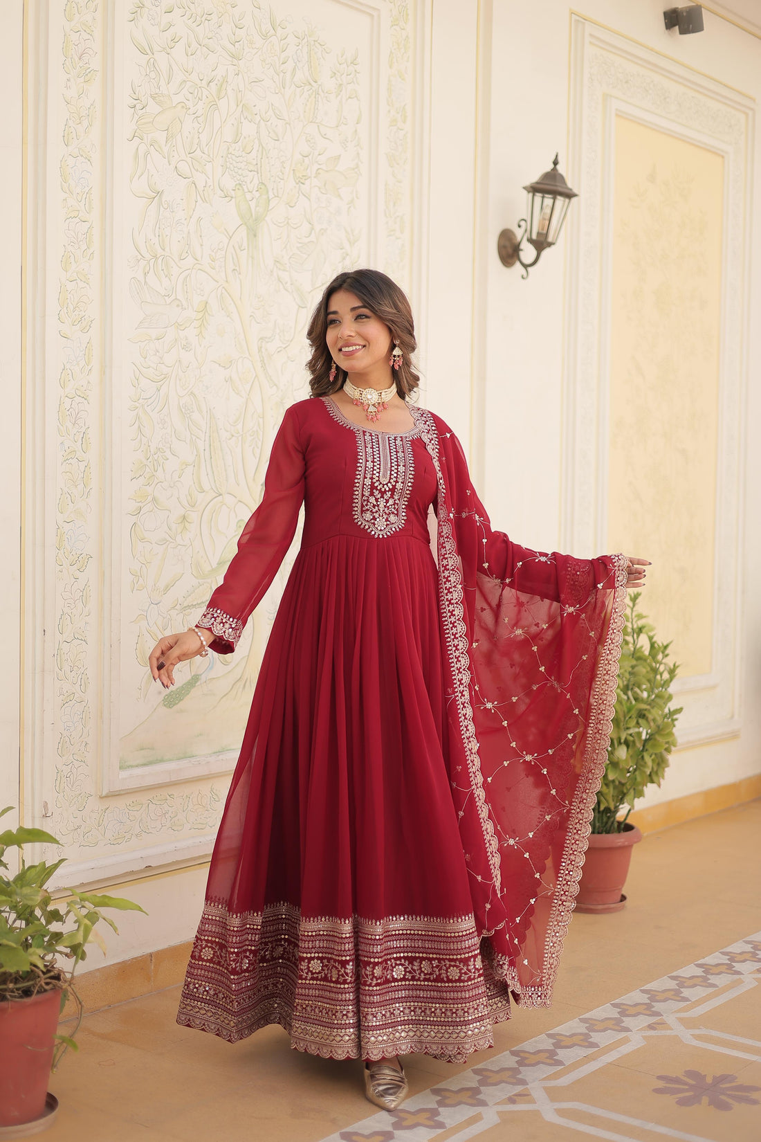 Audacious Red Color Party Wear Gown In Low Rate