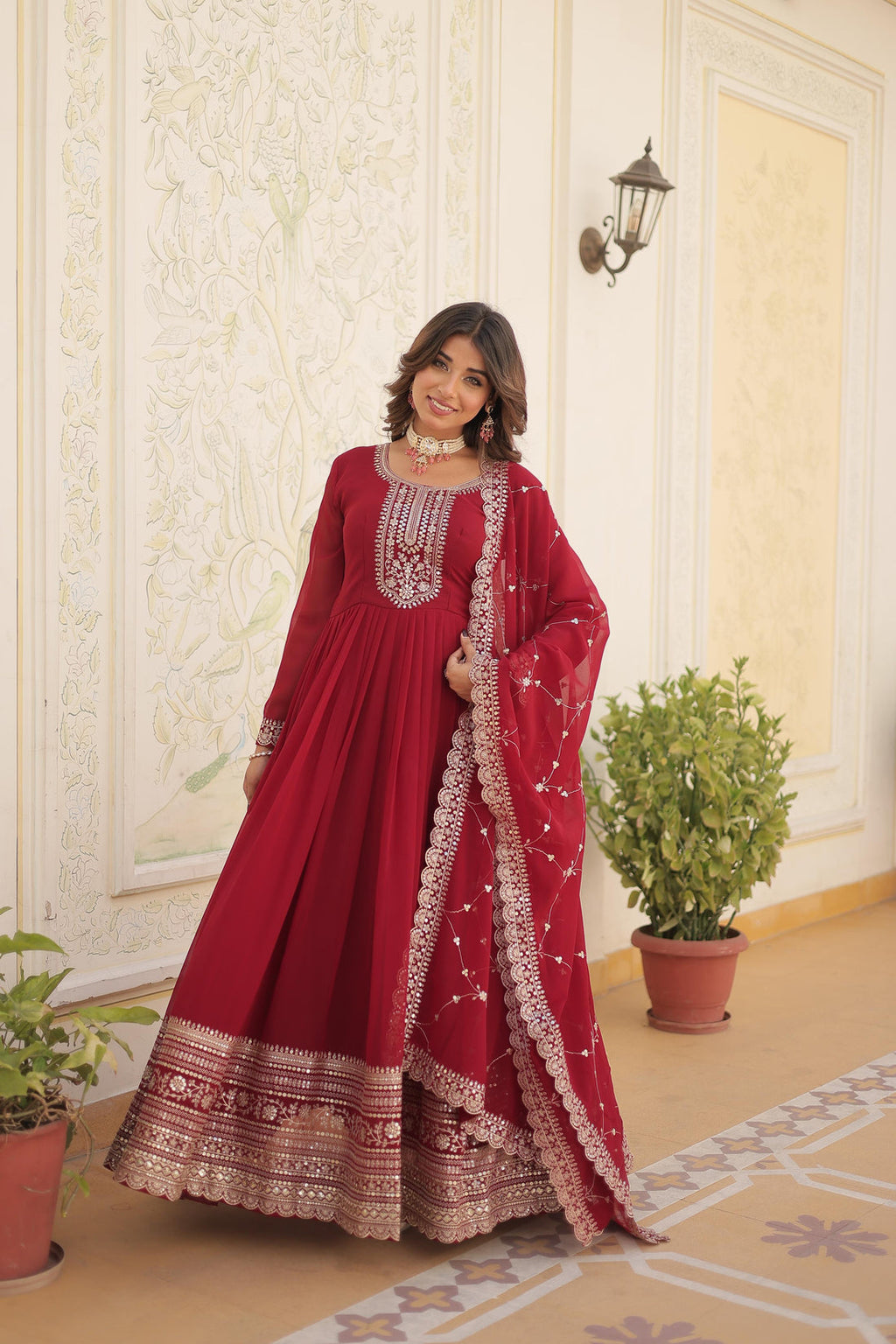 Audacious Red Color Party Wear Gown In Low Rate