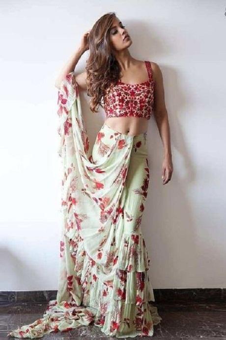 Light Green Color Party Wear Printed Printed Ruffle Saree SY 5336