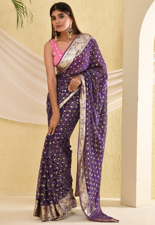 Bandhani Printed Georgette Saree with golden lace border for women