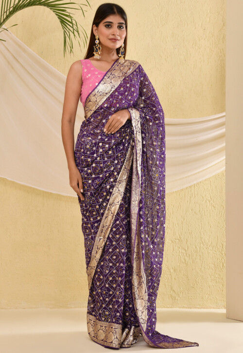 Bandhani Printed Georgette Saree with golden lace border for women