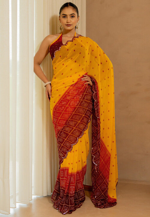 Bandhej Printed Georgette Saree with red embroidery work  in zari