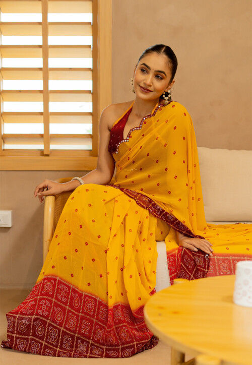 Bandhej Printed Georgette Saree with red embroidery work  in zari