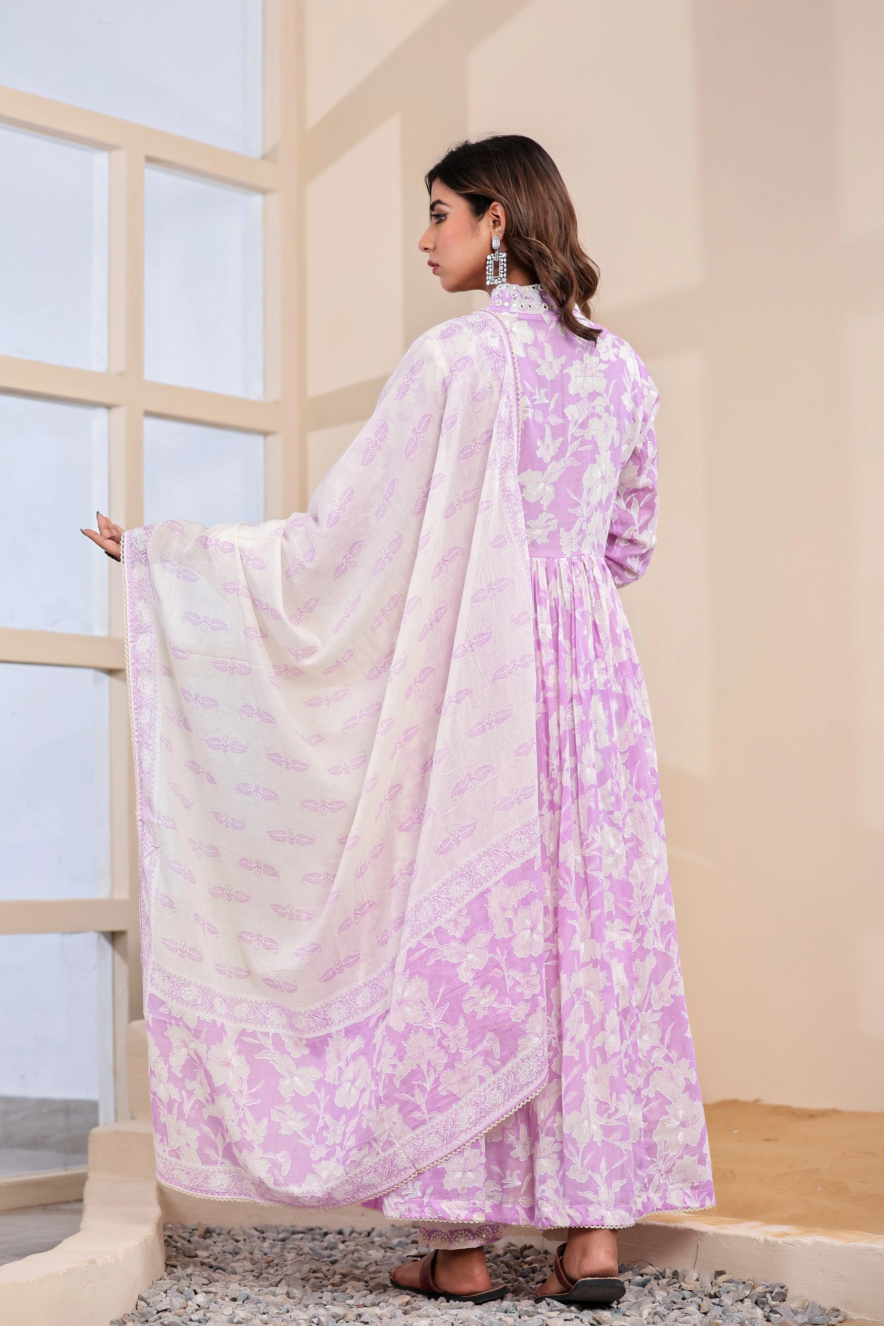 Elysian Bloom White Mul Cotton Anarkali Suit