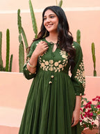Zehra Olive Bloom Cotton Anarkali Gown