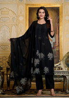 Black Cotton Embroidered Kurta Set with Dupatta