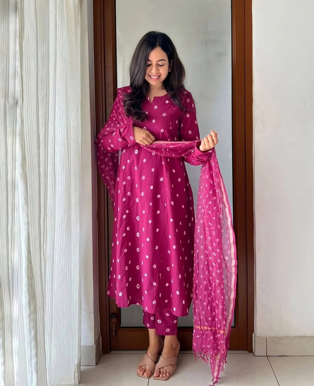 Pink Bandhani Handblock A-line Kurti Set