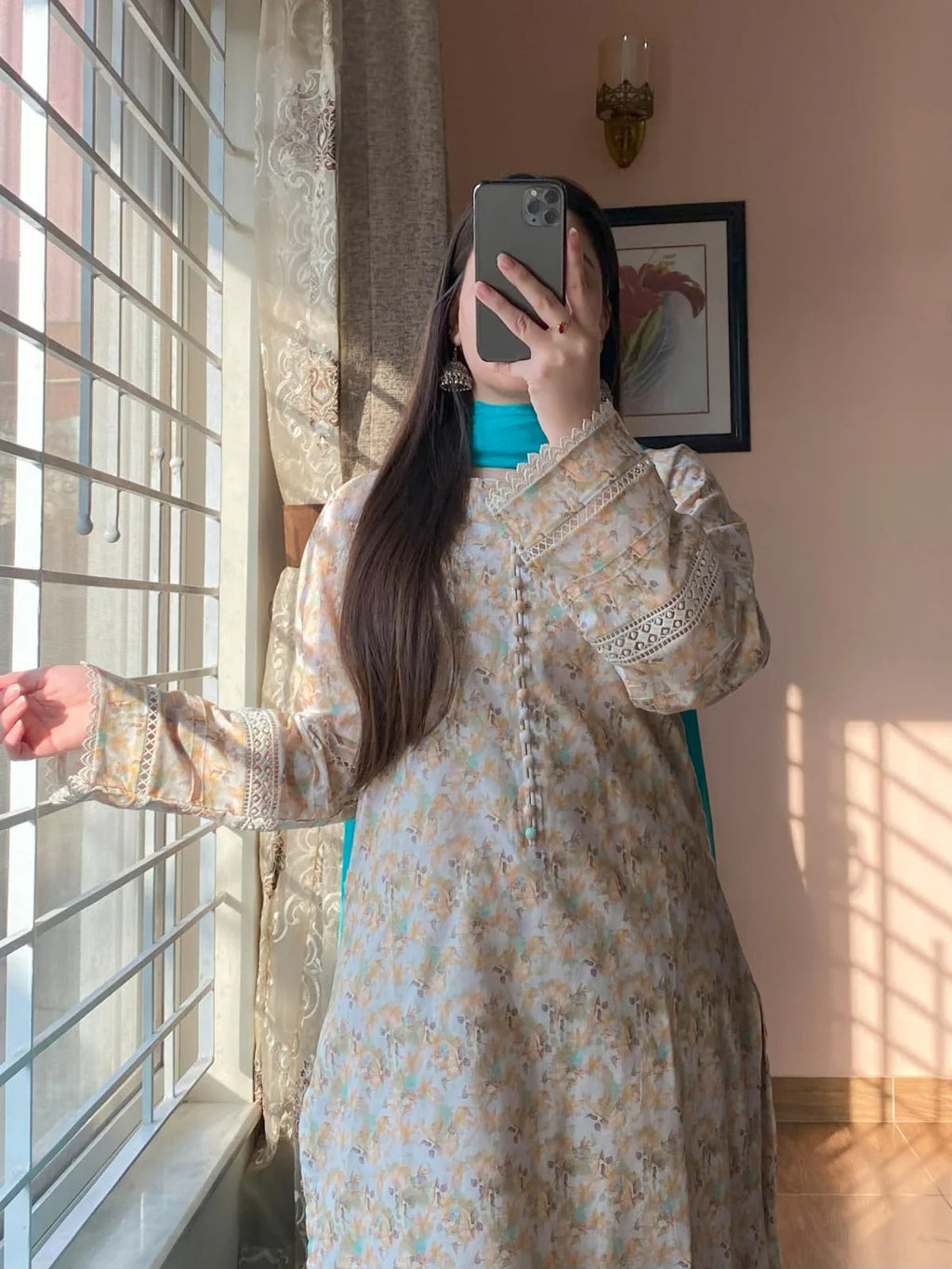 Premium Cambric Printed Neck Button Detailing