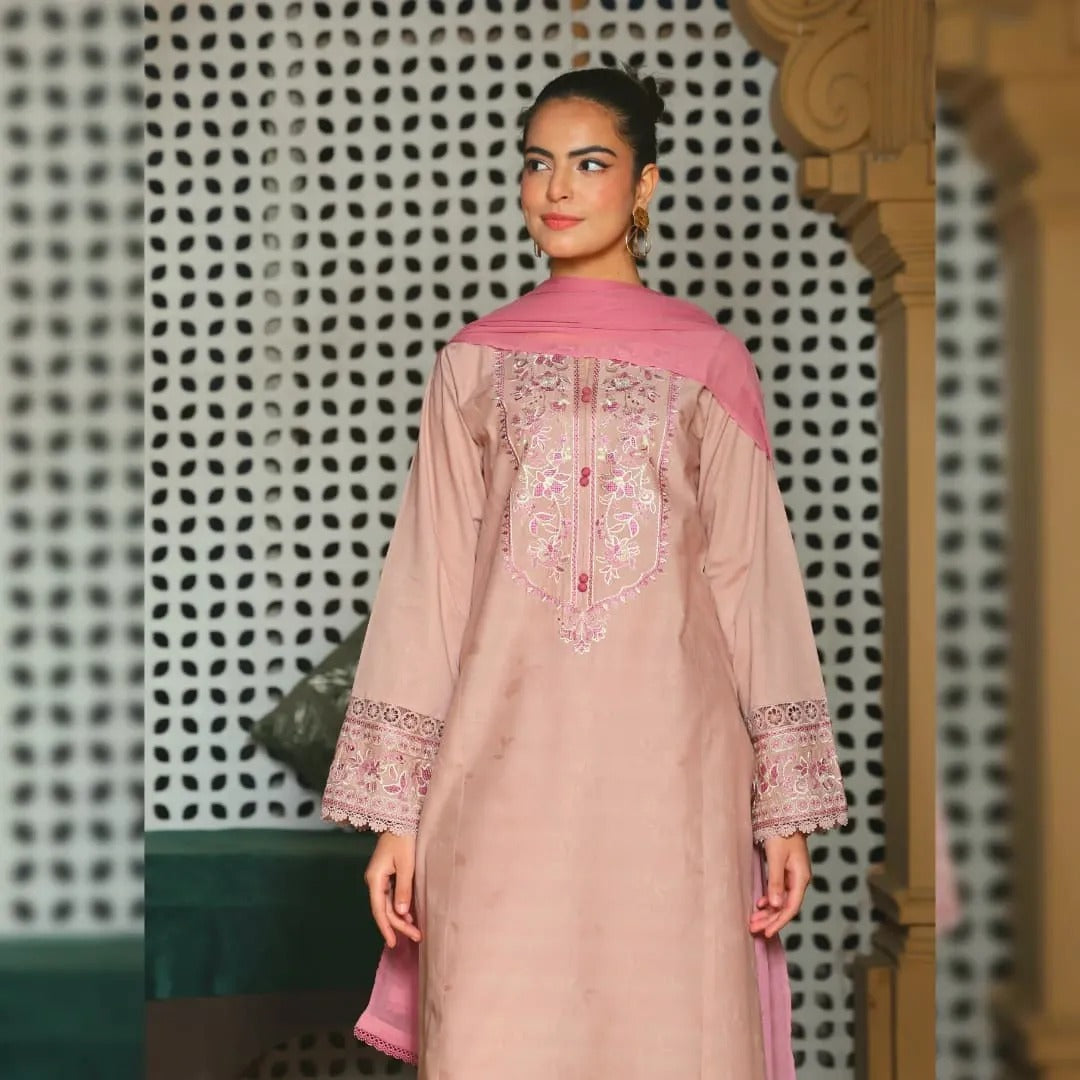 Self Pink Embroidered Suit Set