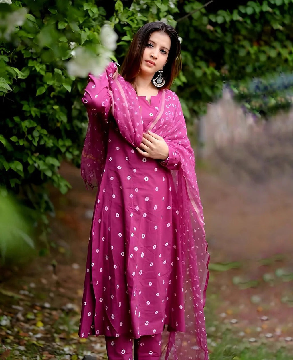 Pink Bandhani Handblock A-line Kurti Set