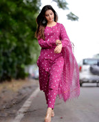 Pink Bandhani Handblock A-line Kurti Set