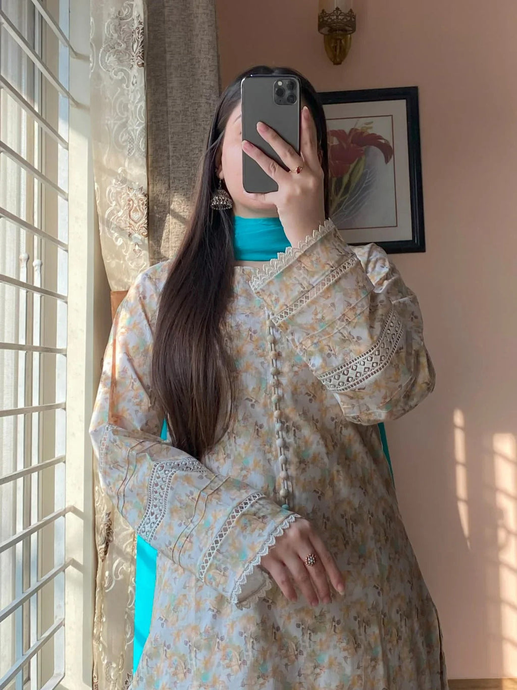 Premium Cambric Printed Neck Button Detailing