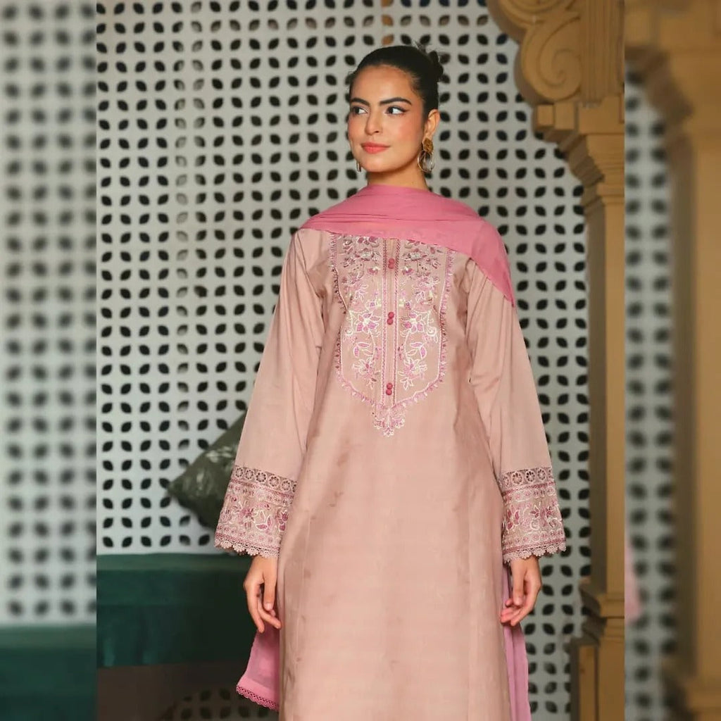 Self Pink Embroidered Suit Set