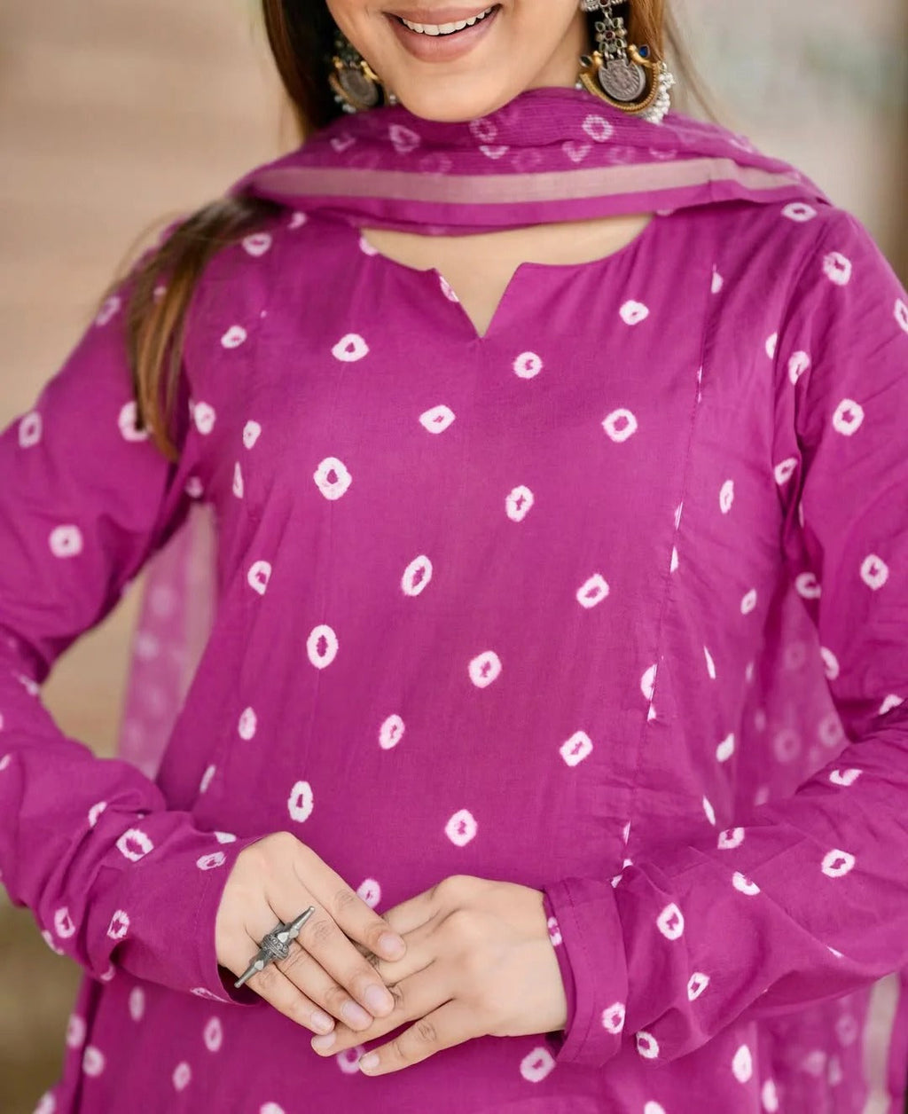 Pink Bandhani Handblock A-line Kurti Set