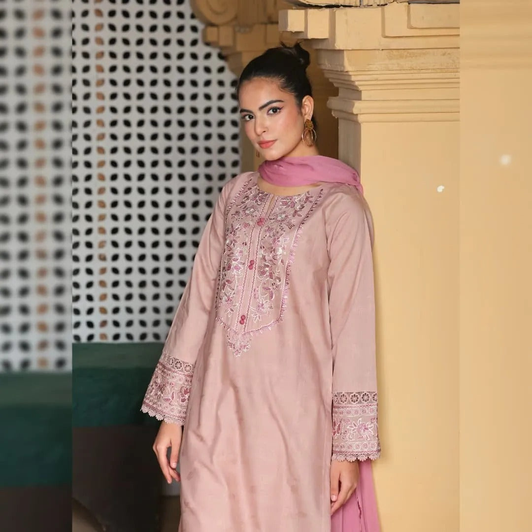 Self Pink Embroidered Suit Set
