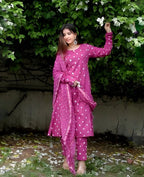 Pink Bandhani Handblock A-line Kurti Set