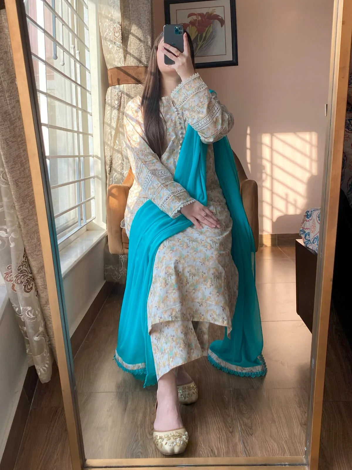 Premium Cambric Printed Neck Button Detailing